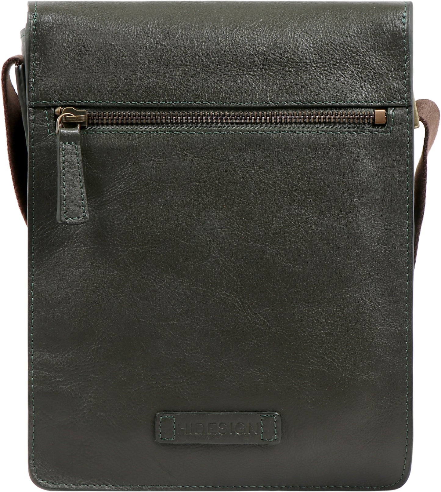 The Aiden Genuine Leather Mini Crossbody by Hidesign is a brown leather shoulder bag featuring a flap cover and an adjustable fabric strap with a brass buckle.