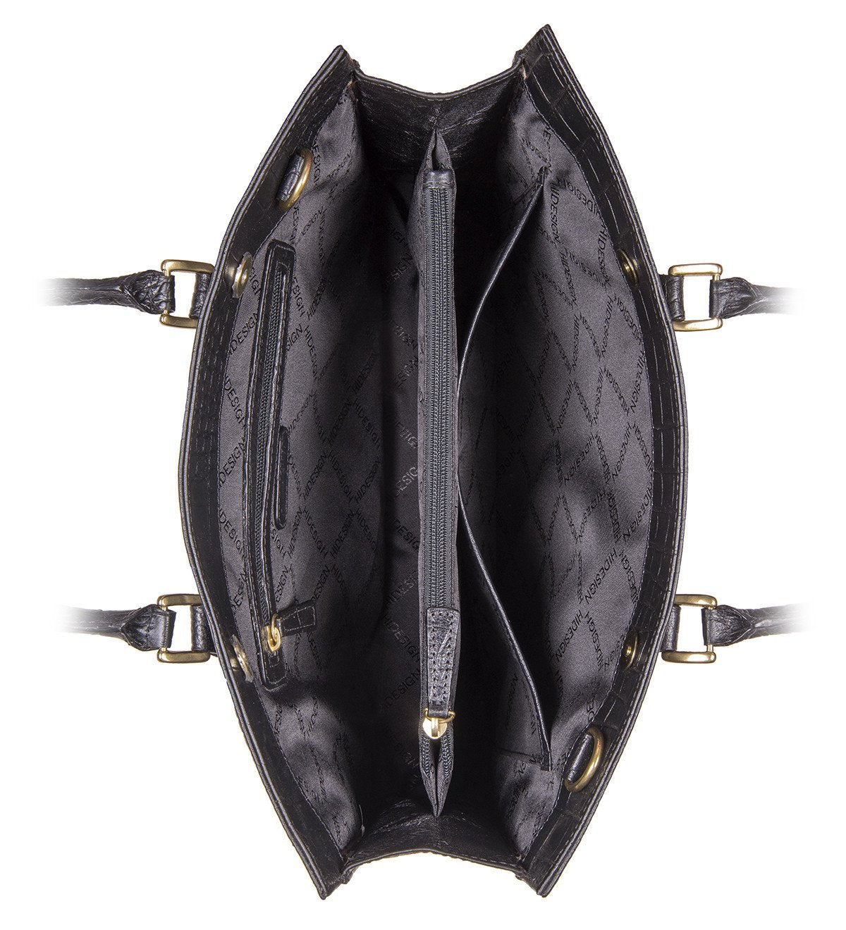 The Kester Elegant Womens Leather Work Bag by Hidesign is a dark brown crocodile-patterned handbag featuring two handles and gold-tone hardware.