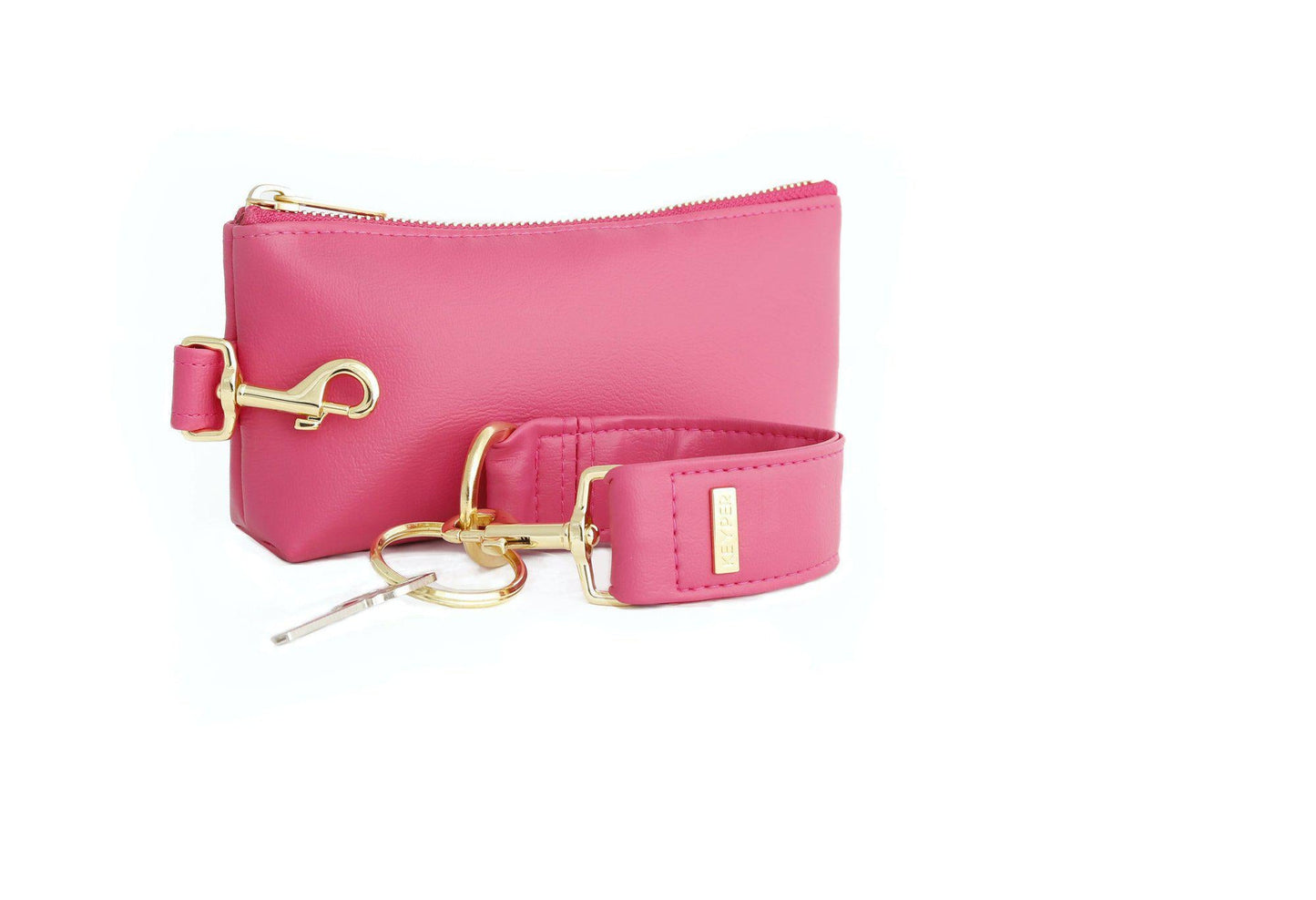 The KEYPER Bright Pink Vegan Leather 2-Piece WRISTLET SET includes a small pink pouch with a zipper, gold clasp, an attached pink strap, and a set of keys.