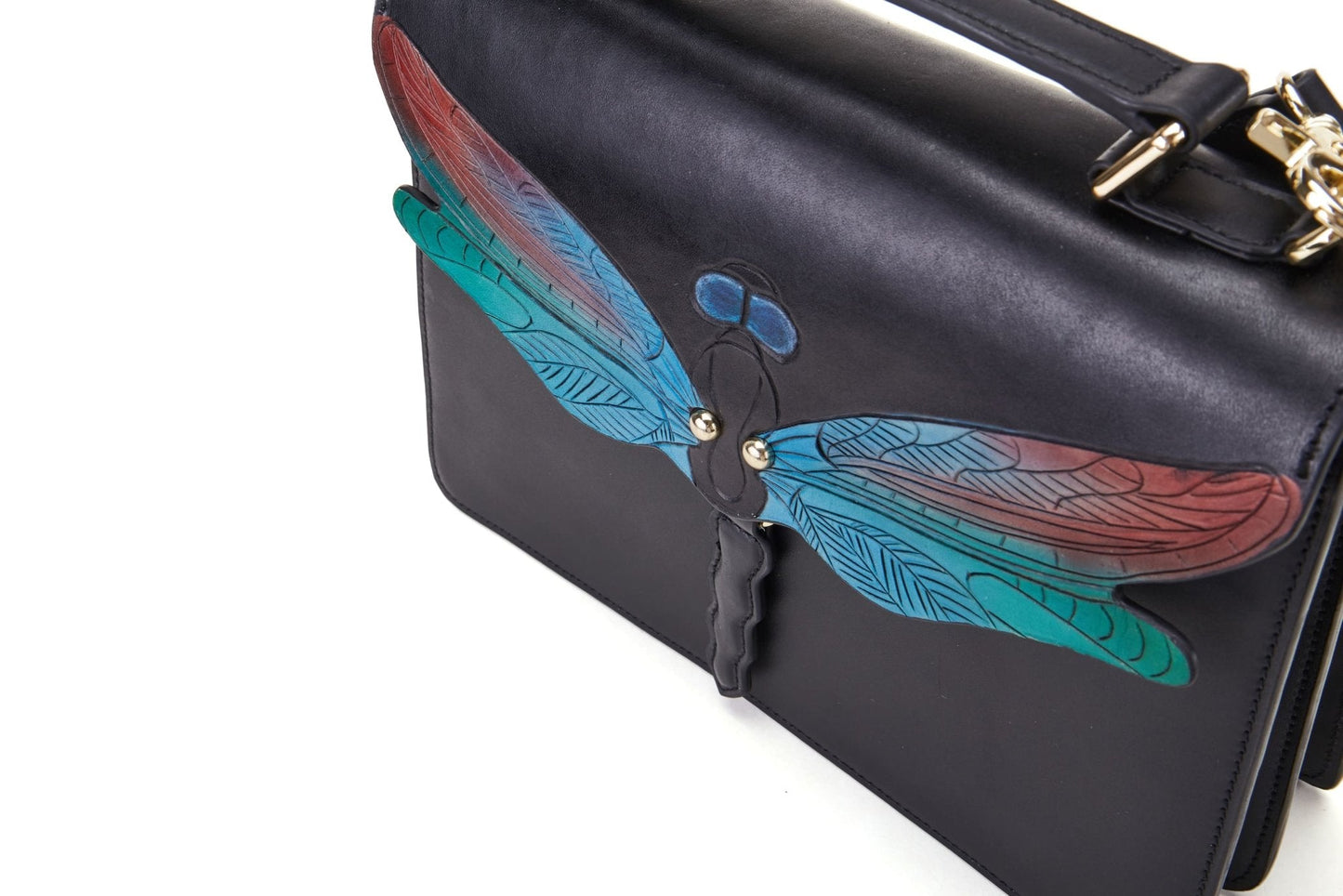 The Bellorita Dragonfly Black Top Handle features a vibrant dragonfly design on the front, adorned with red and teal wings.