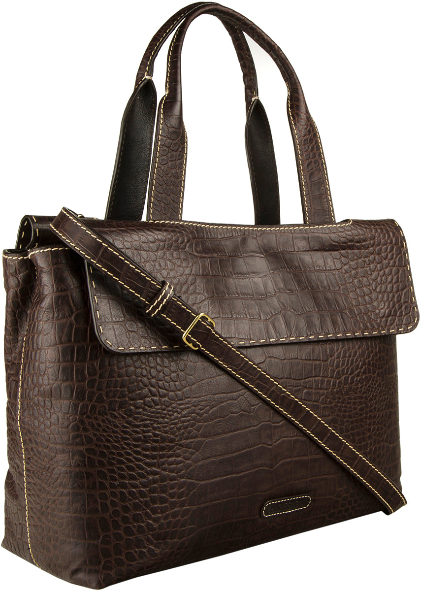 The Hidesign Womens Leather Laptop Work Bag is a brown leather handbag with a crocodile pattern, featuring a flap closure, double handles, and an adjustable shoulder strap.