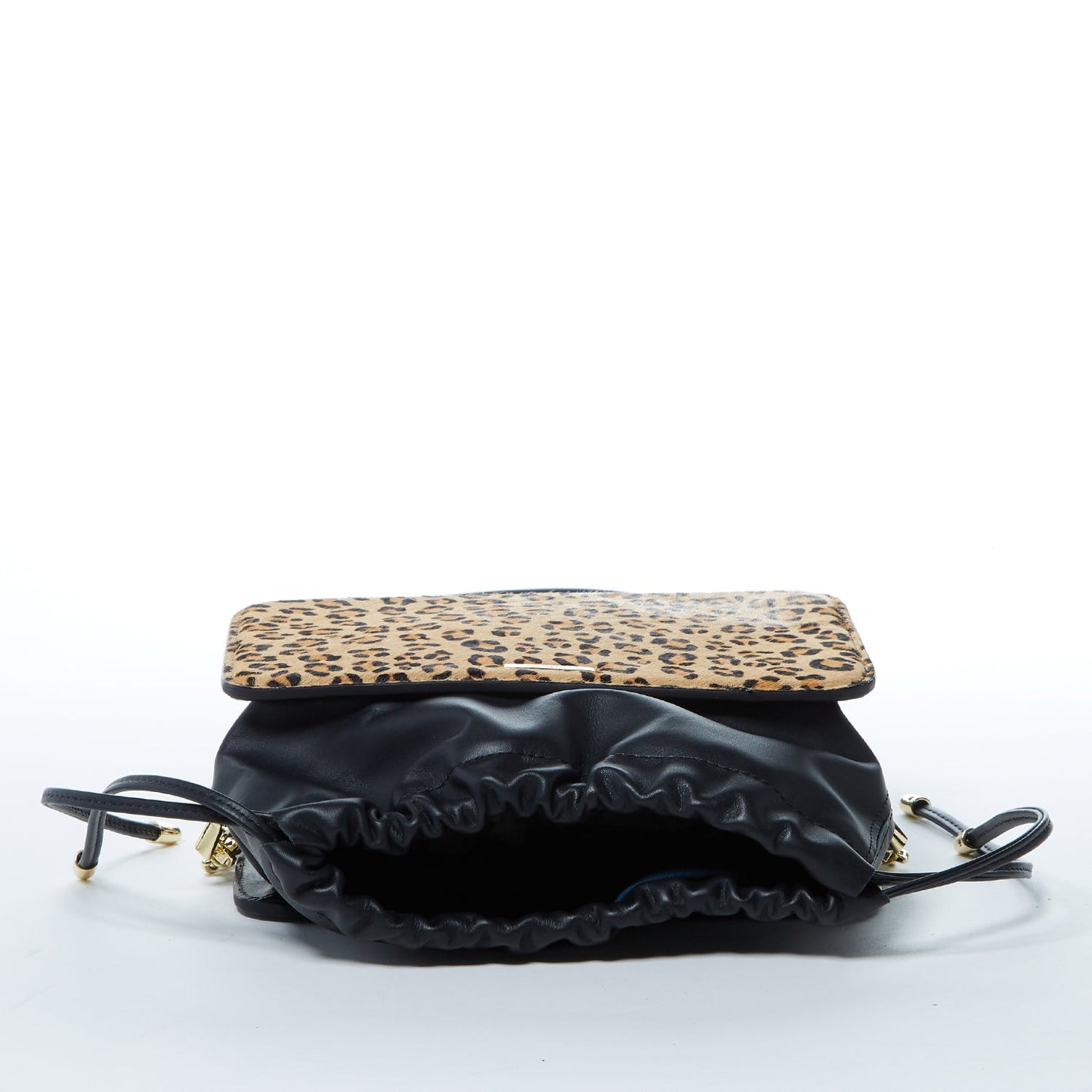 The Patricia Black Leopard Leather Purse by SUSU features a leopard print, black leather accents, drawstring closure, detachable strap, and gold hardware.