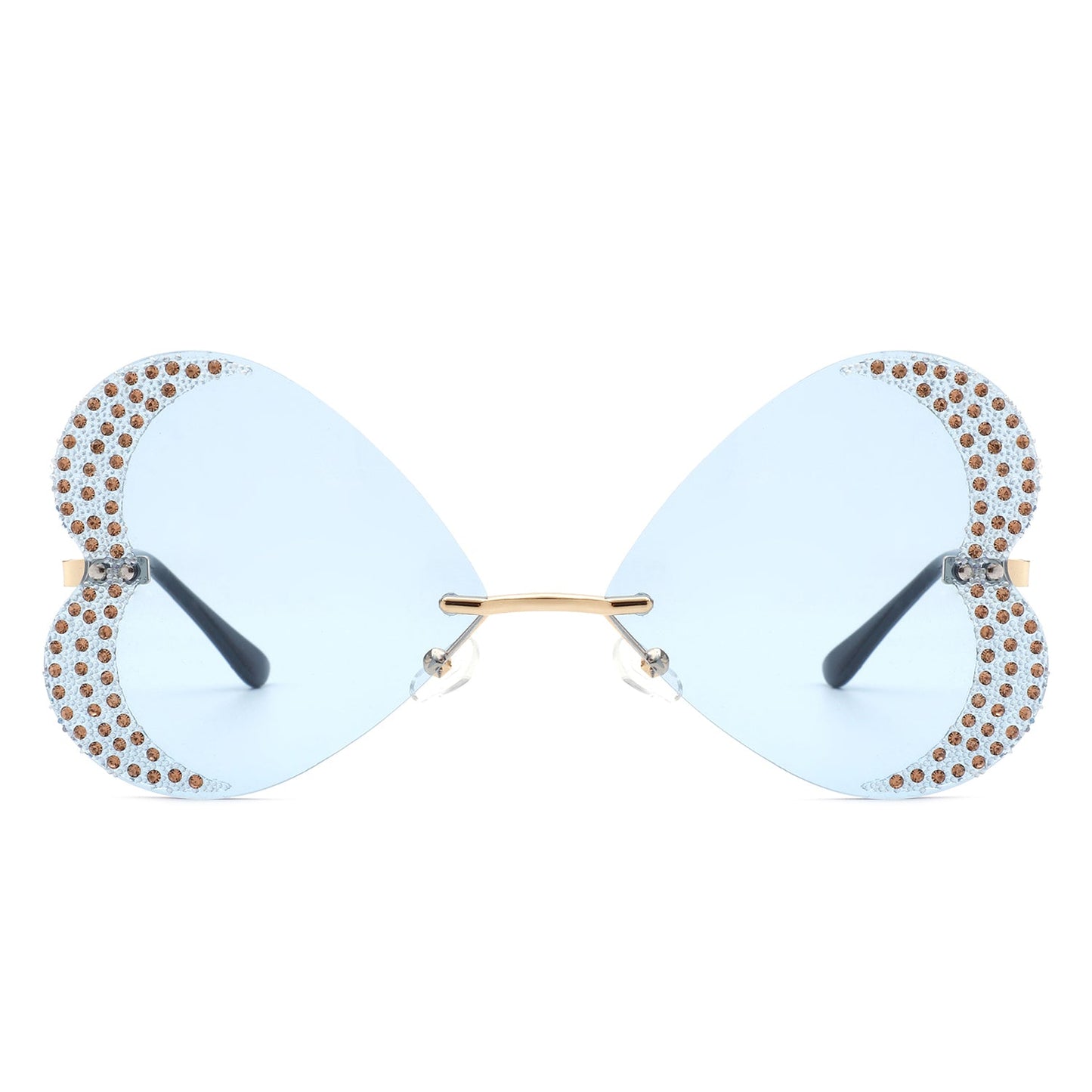The Quixotia - Rimless Butterfly Heart Shape Tinted Fashion Women Sunglasses by Cramilo Eyewear are heart-shaped with purple lenses and golden arms, adorned with rhinestones along the edges.