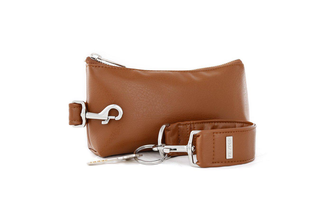 Saddle Brown Vegan Leather 2-Piece Wristlet Set by KEYPER, featuring a detachable matching strap and gold hardware, set against a white background.