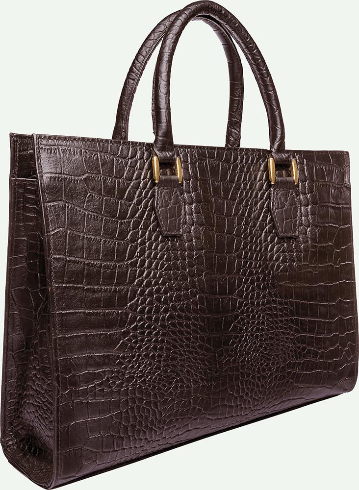 The Kester Elegant Womens Leather Work Bag by Hidesign is a dark brown crocodile-patterned handbag featuring two handles and gold-tone hardware.