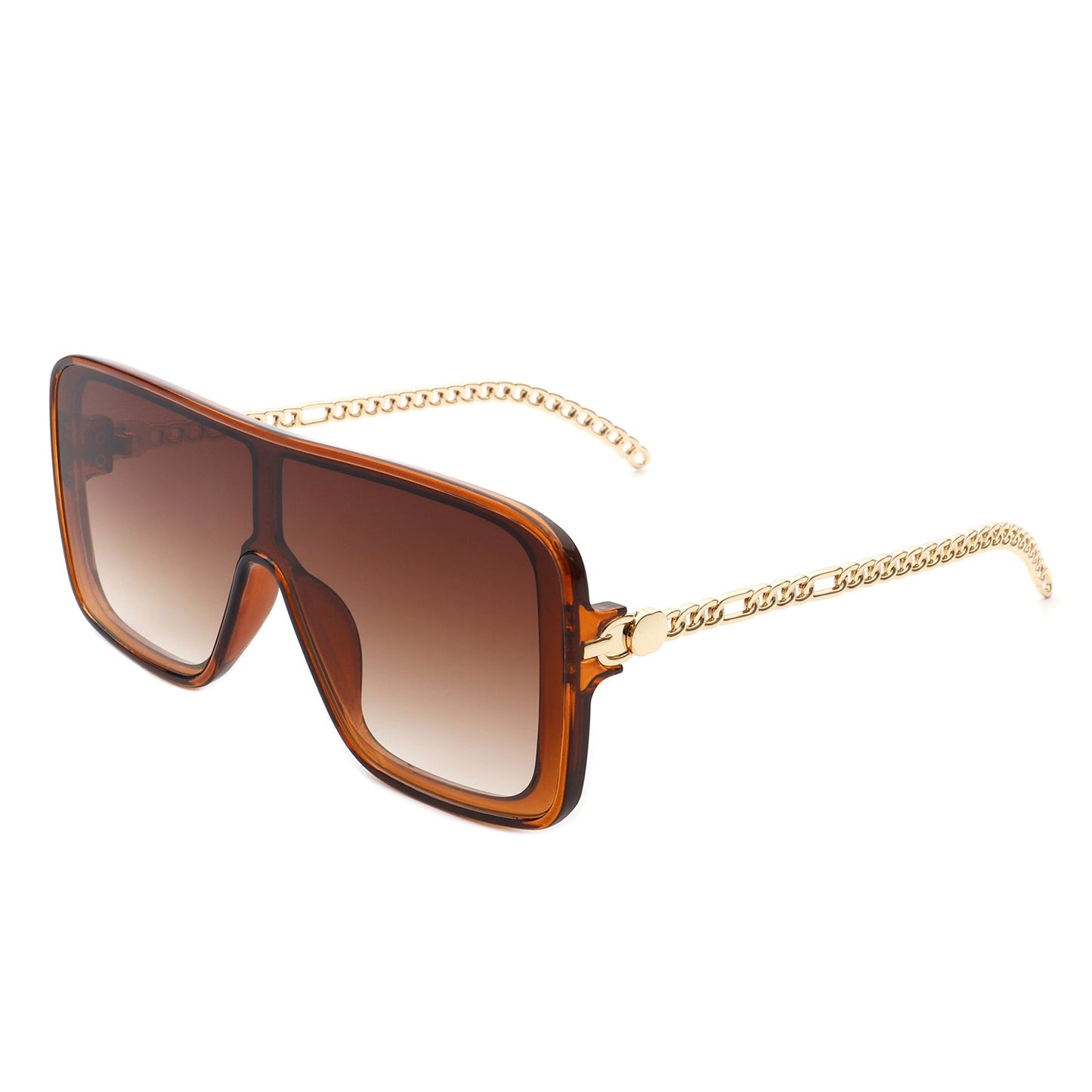 Cramilo Eyewears Wildwind sunglasses feature a black-gray square frame with a retro flat top, gradient blue lenses, and chain-like arms.