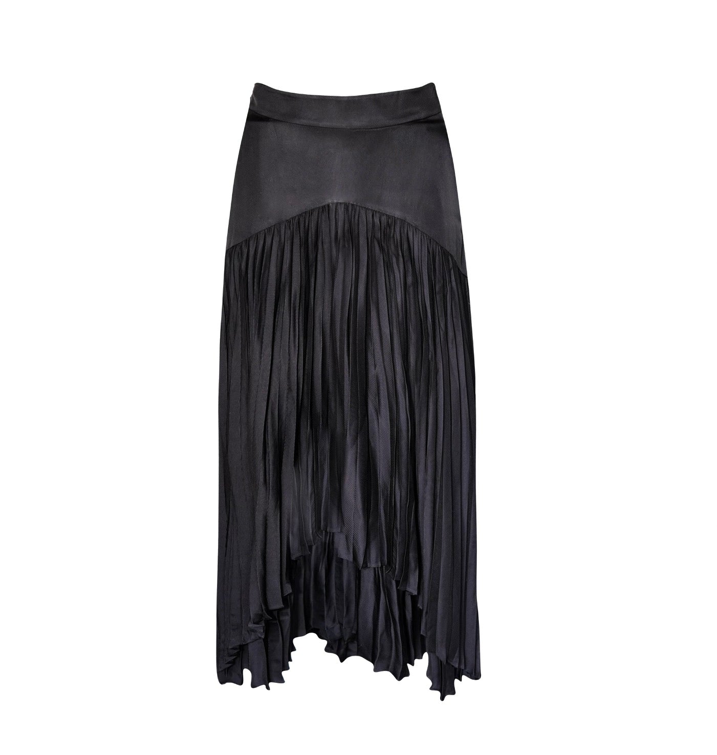 The Maryanne Black Skirt by Le Réussi® features a high-low hemline with pleats and a smooth fabric at the waist and upper section.