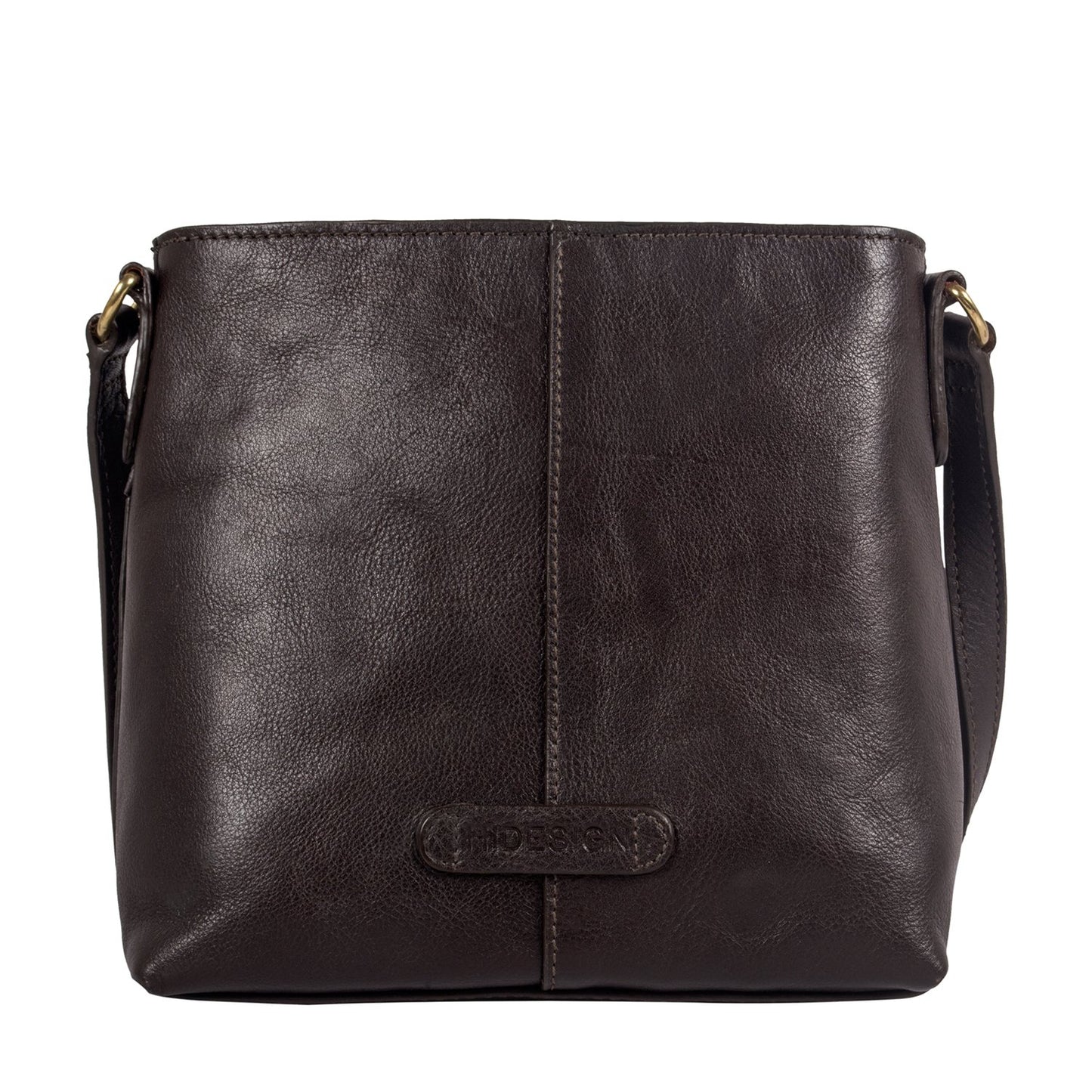 The Hidesign Sierra Small Leather Crossbody Bag is a black, leather bag with a front pocket, adjustable strap, and gold-tone hardware.