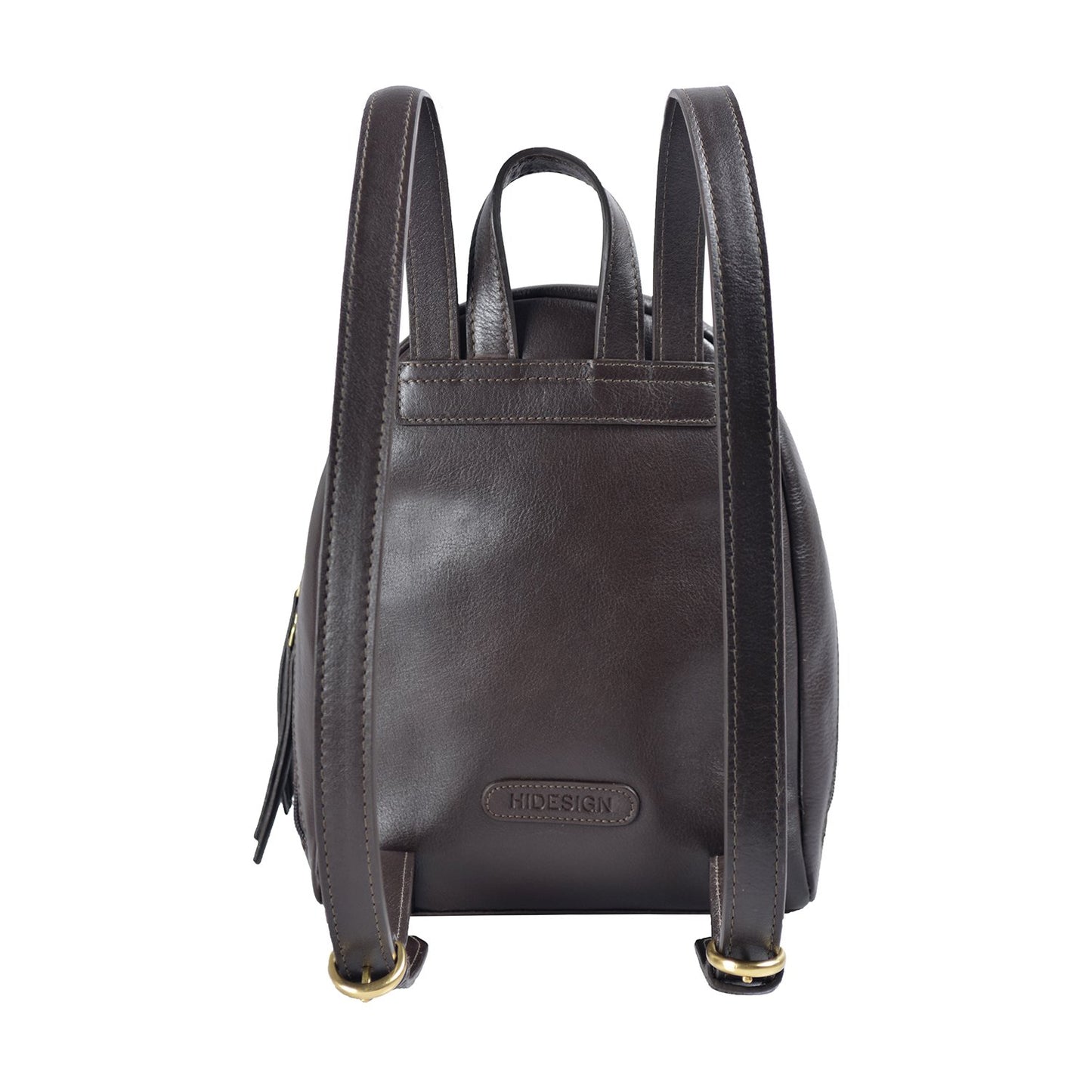 Mannequin showcasing a Kiwi Small Leather Backpack by Hidesign, elegantly draped over a gray shirt.