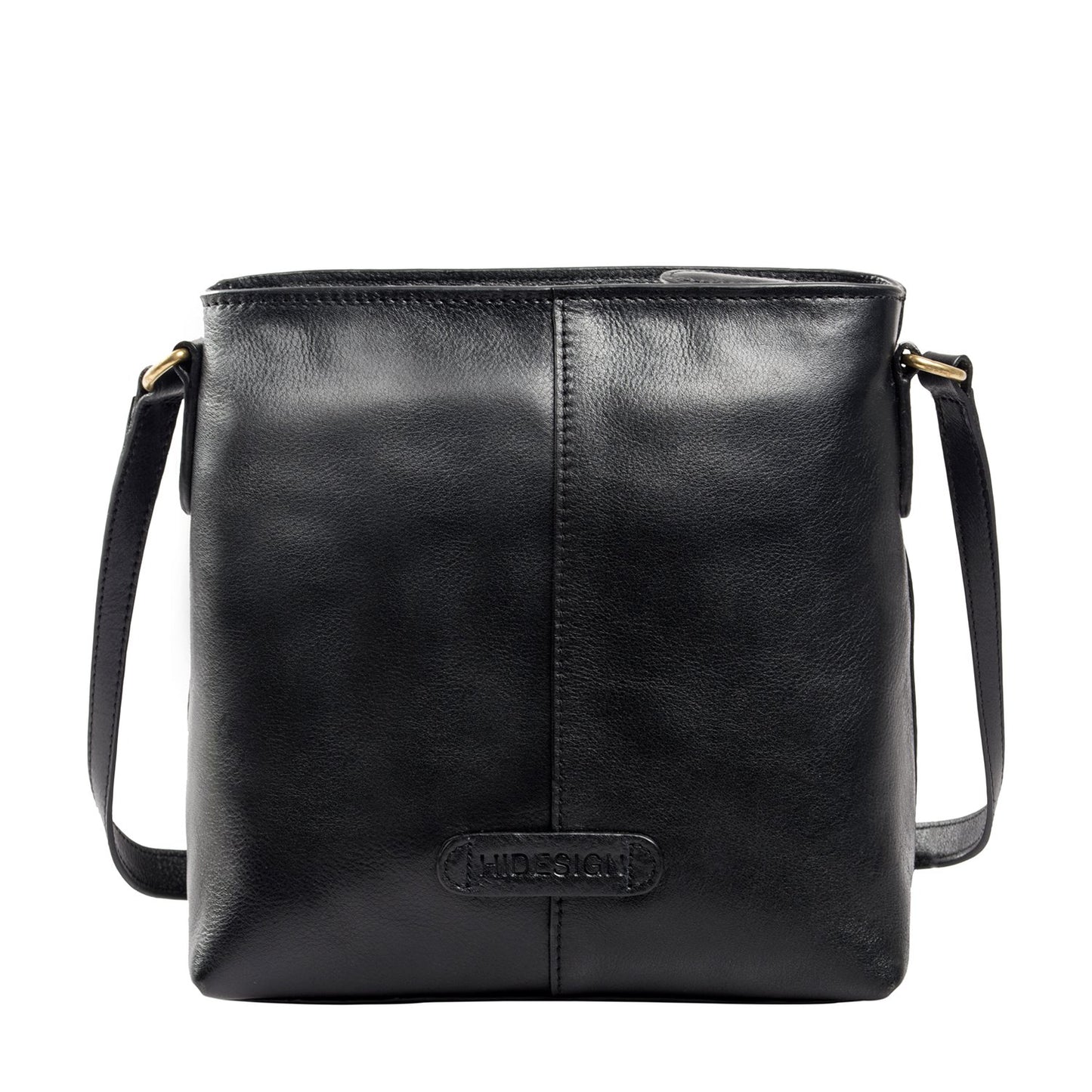 The Hidesign Sierra Small Leather Crossbody Bag is a black, leather bag with a front pocket, adjustable strap, and gold-tone hardware.