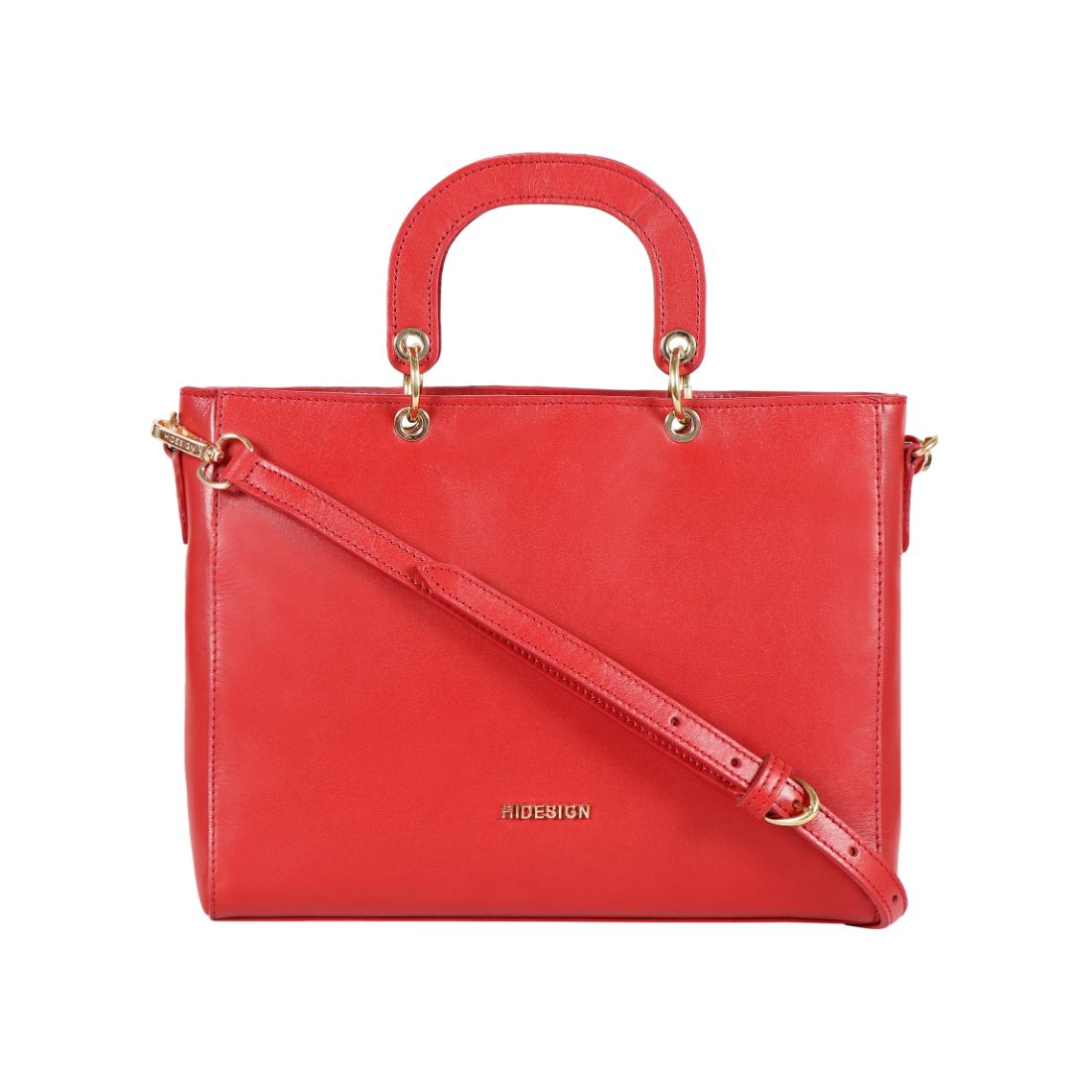 The Hidesign Life New Womens Leather Handbag is a red satchel with dual top handles, a detachable shoulder strap, gold-tone hardware, and the brand logo on the front.