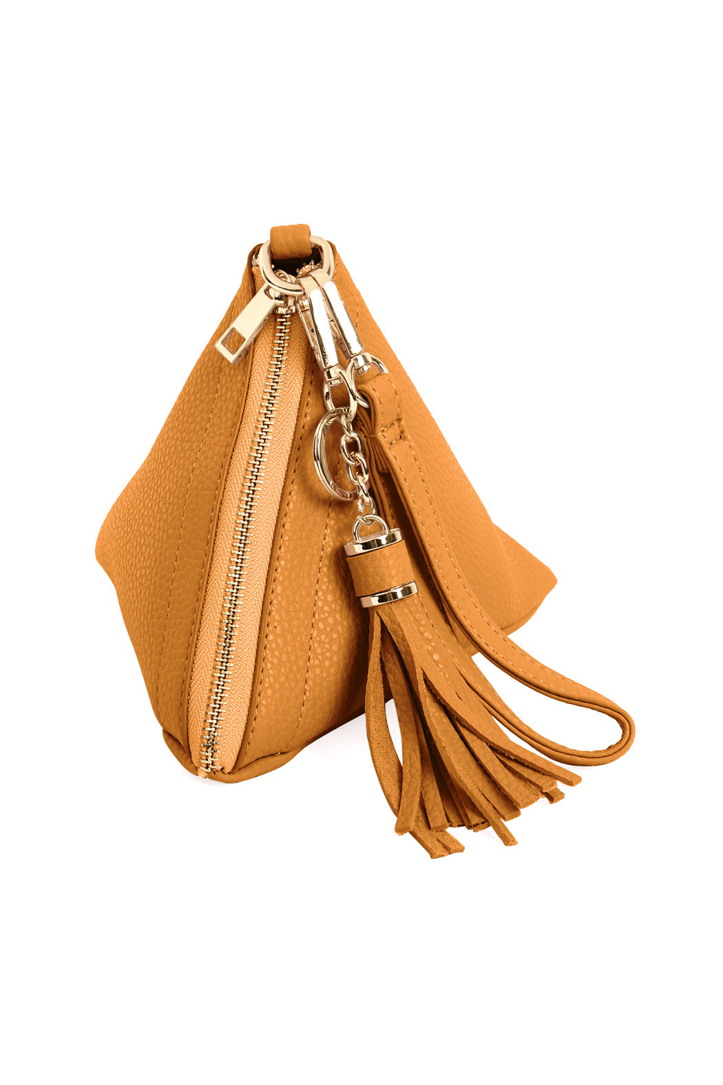 A person in a white shirt and jeans is holding the Riah Fashion Pyramid Shape Tassel Wristlet Leather Bag in orange.