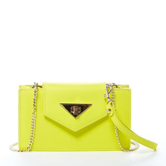 SUSUs Mary Bright Yellow Crossbody Leather Wristlet features a triangular gold clasp, flap closure, and detachable chain strap on a white background.
