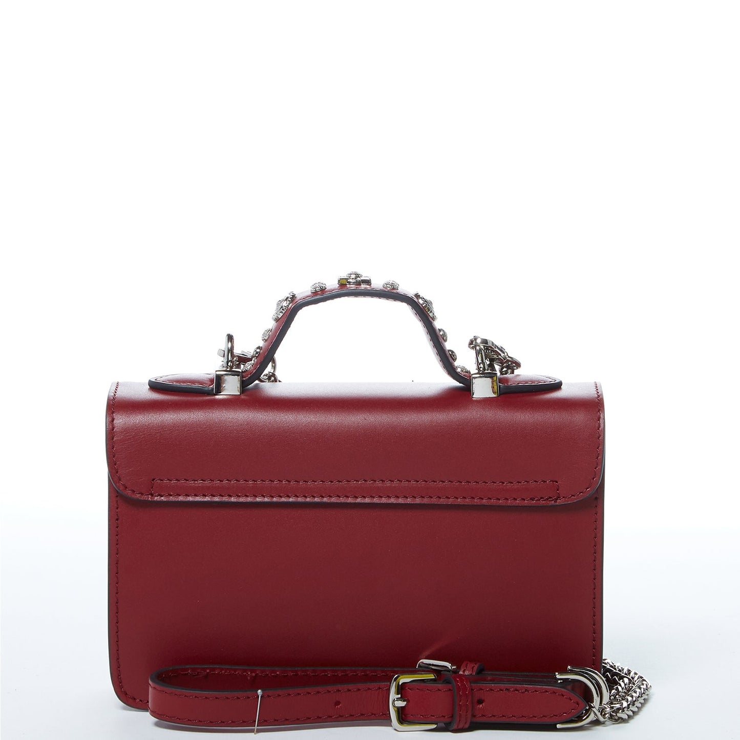 Burgundy leather handbag with silver studs, a short handle, and chain shoulder strap, featuring a SUSU engraved metal clasp.