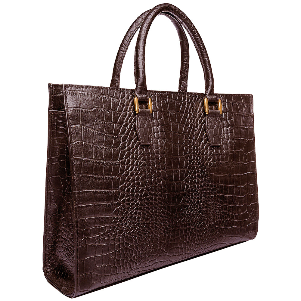The Hidesign Kester Womens Work Bag is a structured brown leather handbag featuring a crocodile pattern and two handles.