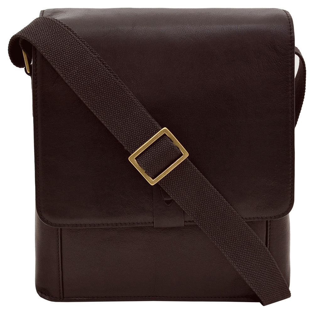 Hidesigns Aiden Genuine Leather Medium Crossbody is a dark brown shoulder bag featuring a wide strap and rectangular brass buckle.
