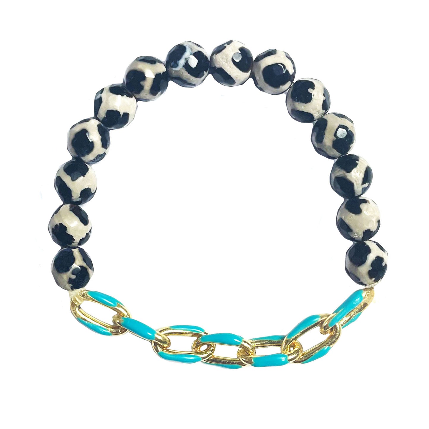 Gena Myints Animal Pattern Agate Turquoise Enamel Link Stretch Bracelet features black and white marbled beads with turquoise chain links accented in gold.