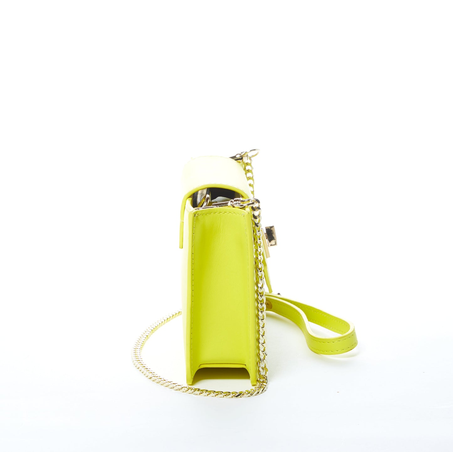 SUSUs Mary Bright Yellow Crossbody Leather Wristlet features a triangular gold clasp, flap closure, and detachable chain strap on a white background.