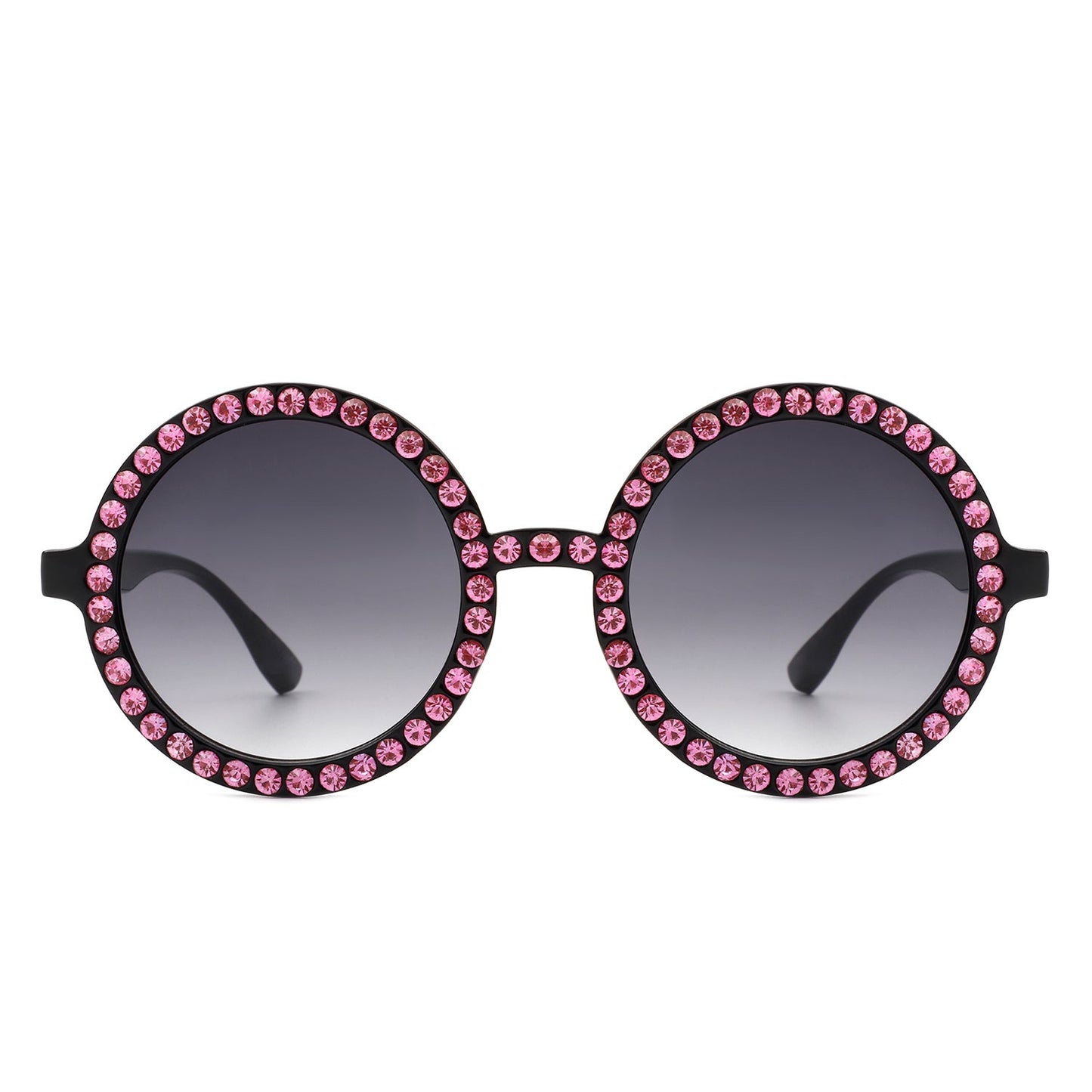 Round sunglasses by Cramilo Eyewear, Dreamwey model, featuring rhinestone-studded white frames with dark lenses.