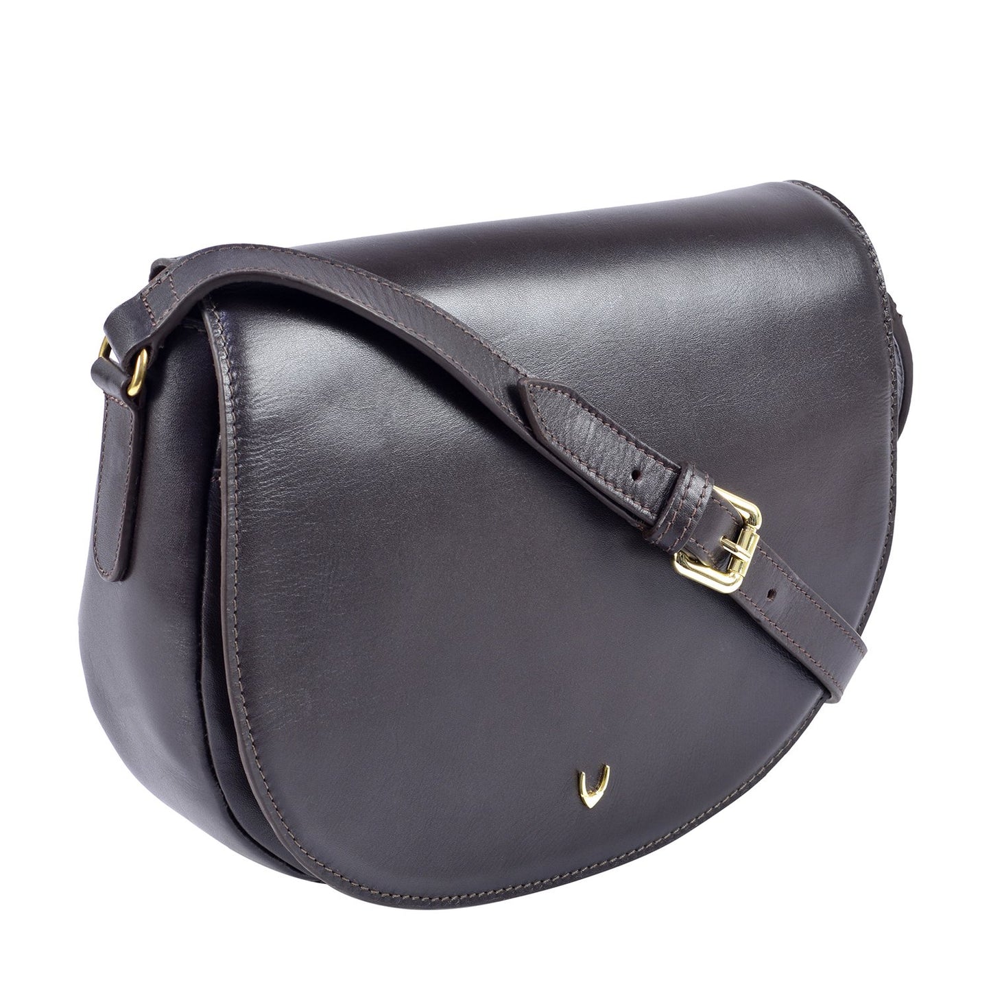The Nelly Classic Leather Crossbody Bag by Hidesign features a black leather design with a flap closure and a gold buckle on the strap.