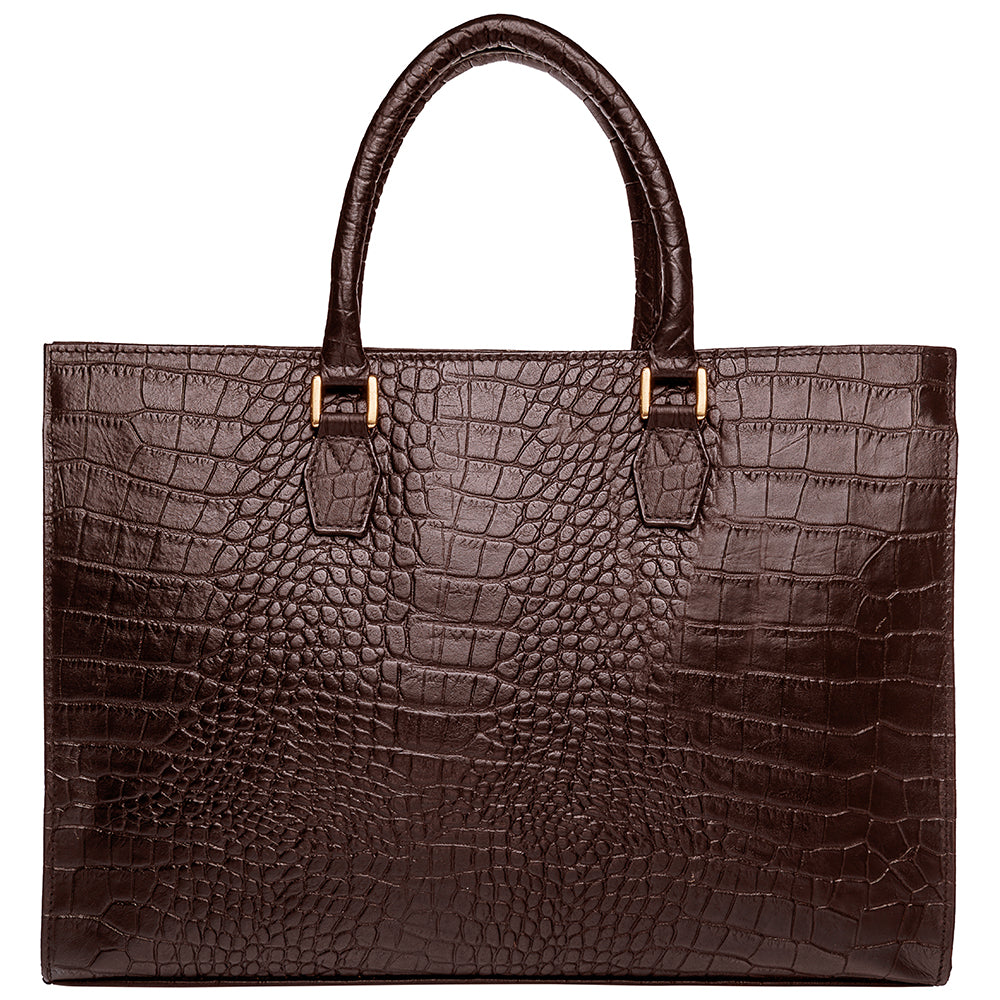 The Hidesign Kester Womens Work Bag is a structured brown leather handbag featuring a crocodile pattern and two handles.