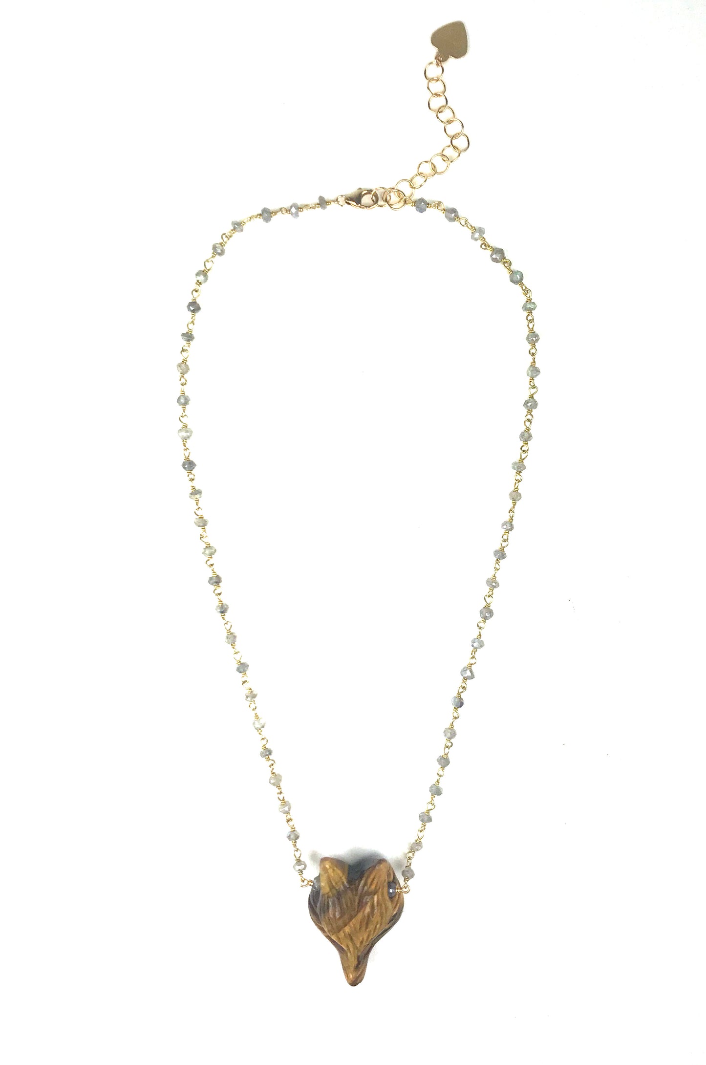 Gena Myints Labradorite and Tiger Eye Fox Necklace features a central fox pendant with an adjustable clasp.