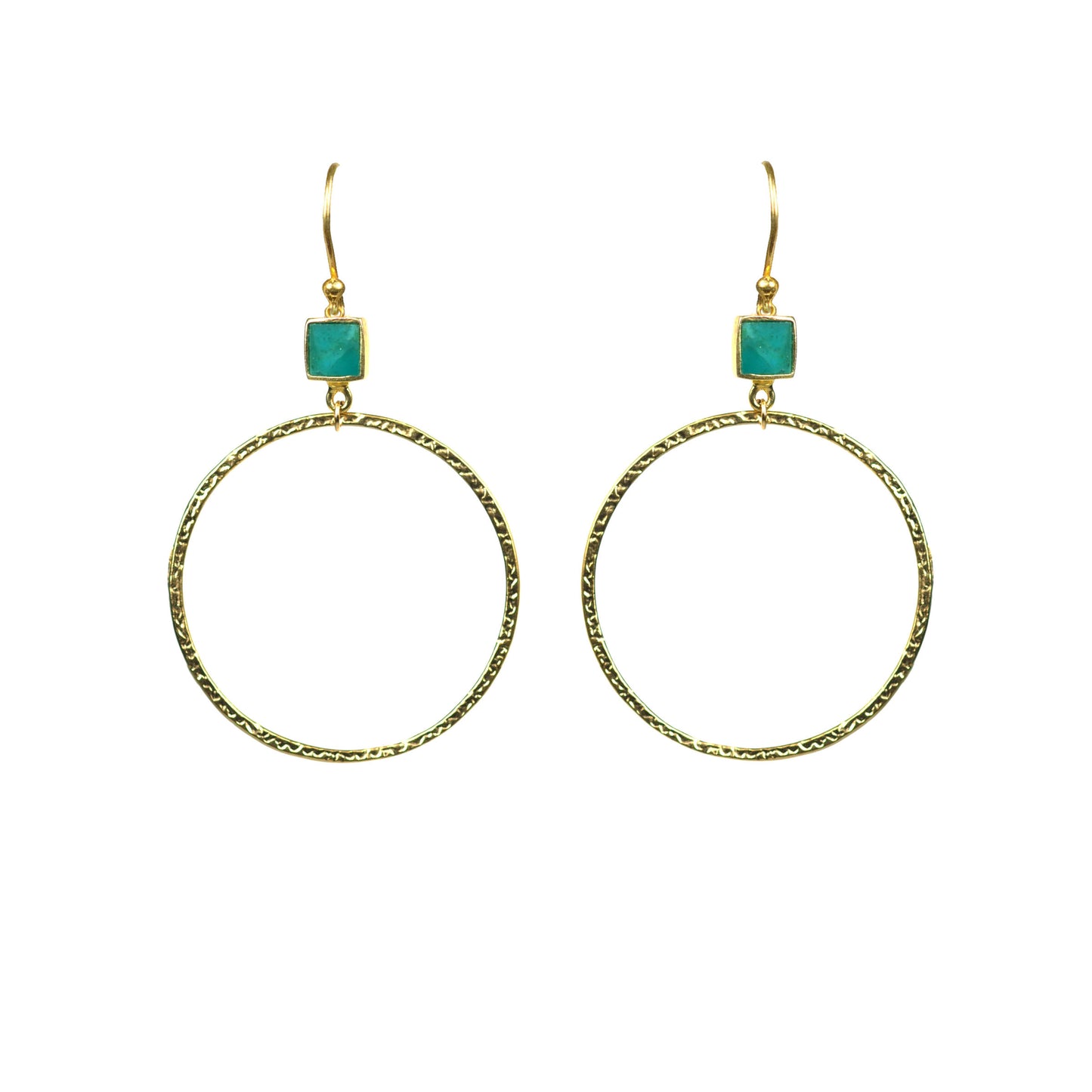 Gold hoop earrings featuring turquoise bezel accents on hooks by Gena Myint.