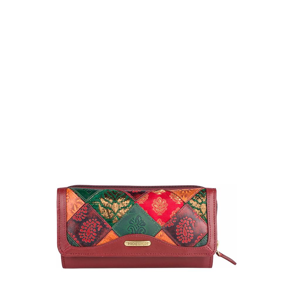 The Hidesign Baga RFID Blocking Trifold Leather Wallet offers a colorful patchwork design with red, green, and orange patterns.