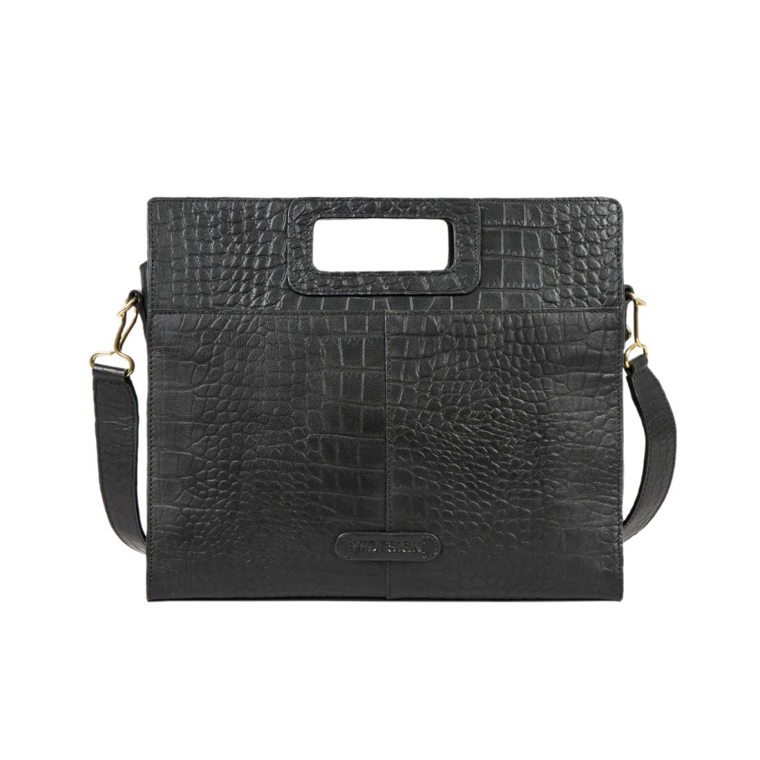 A Hidesign leather handbag in black features a textured design, rectangular cutout handle, and detachable shoulder strap.
