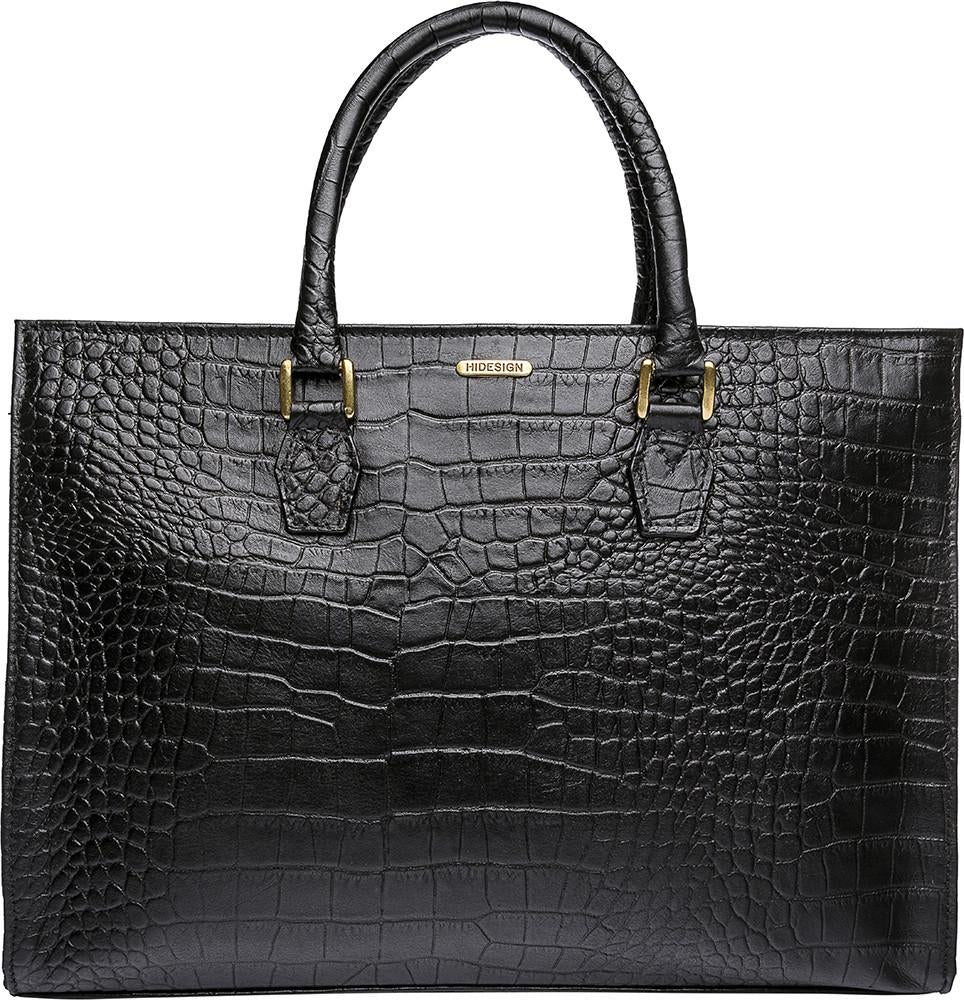 The Kester Elegant Womens Leather Work Bag by Hidesign is a dark brown crocodile-patterned handbag featuring two handles and gold-tone hardware.