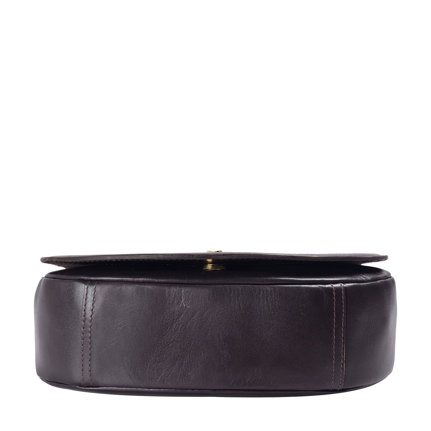 The Nelly Classic Leather Crossbody Bag by Hidesign features a black leather design with a flap closure and a gold buckle on the strap.