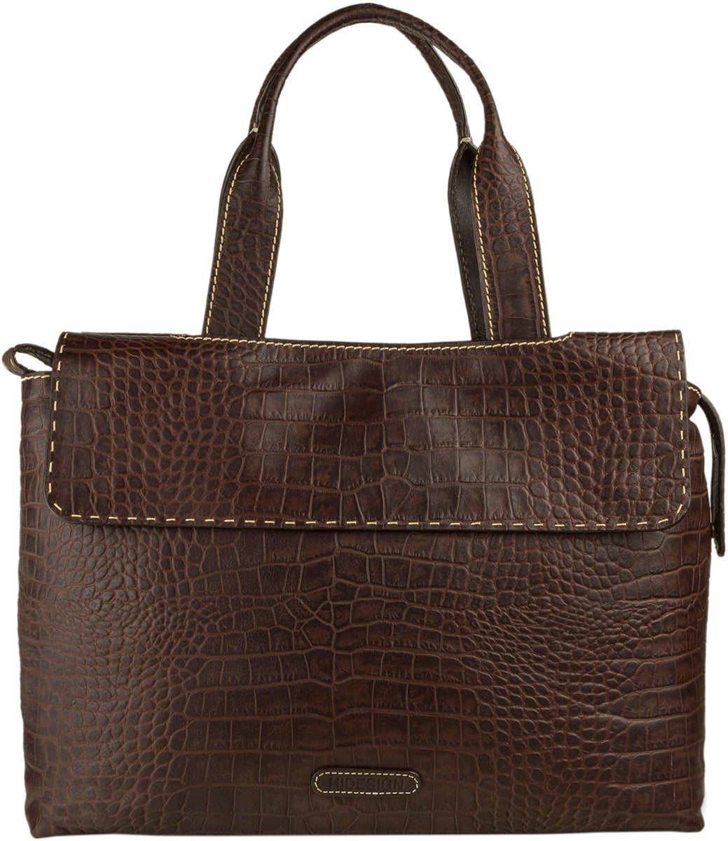 The Hidesign Womens Leather Laptop Work Bag is a brown leather handbag with a crocodile pattern, featuring a flap closure, double handles, and an adjustable shoulder strap.