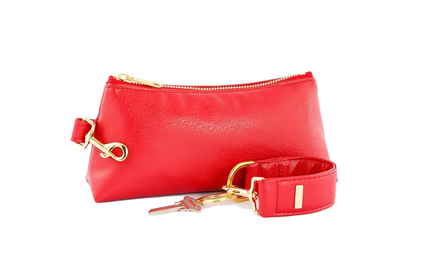 A red vegan leather wristlet set from KEYPER, featuring a gold zipper and detachable strap with gold hardware.