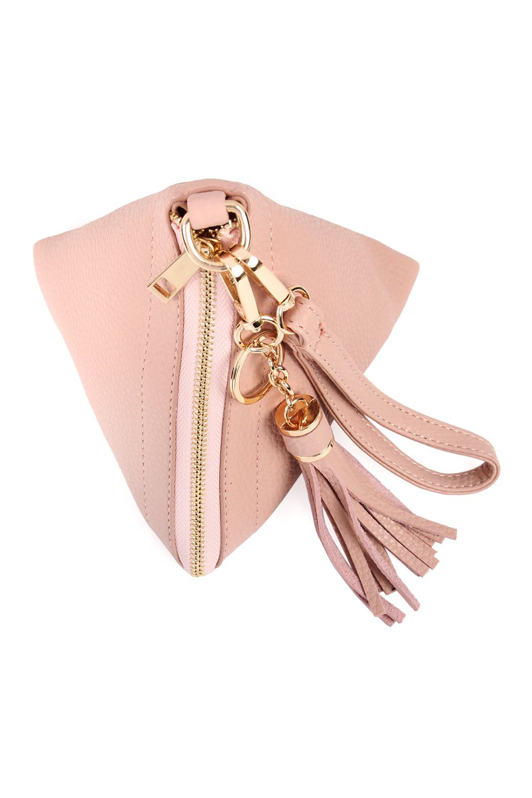 A person in a white shirt and jeans is holding the Riah Fashion Pyramid Shape Tassel Wristlet Leather Bag in orange.