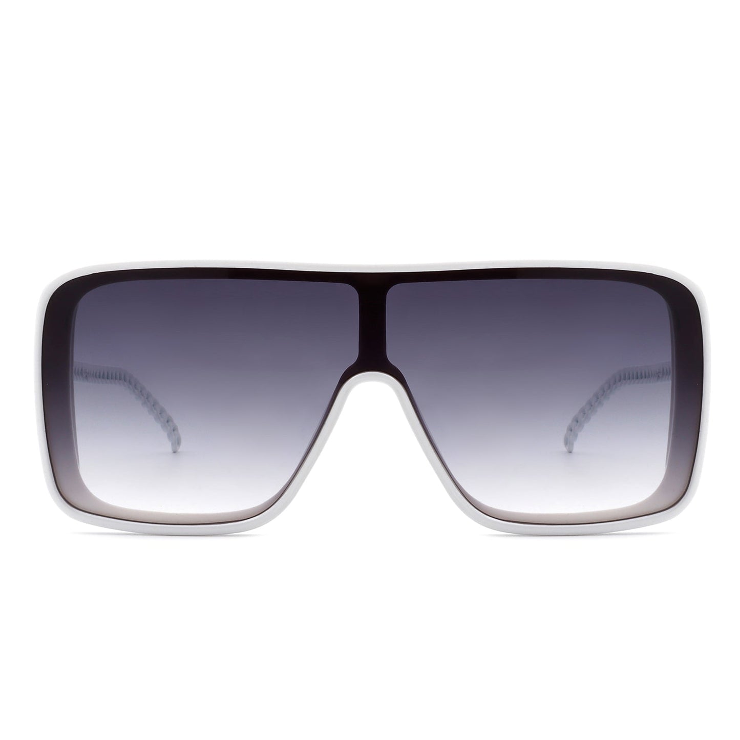 Cramilo Eyewears Wildwind sunglasses feature a black-gray square frame with a retro flat top, gradient blue lenses, and chain-like arms.