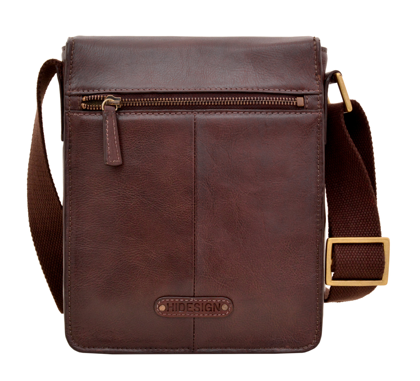 The Aiden Small Leather Messenger Cross Body Bag by Hidesign is a brown leather bag with a flap closure, featuring a dark brown adjustable strap and gold-tone buckles.