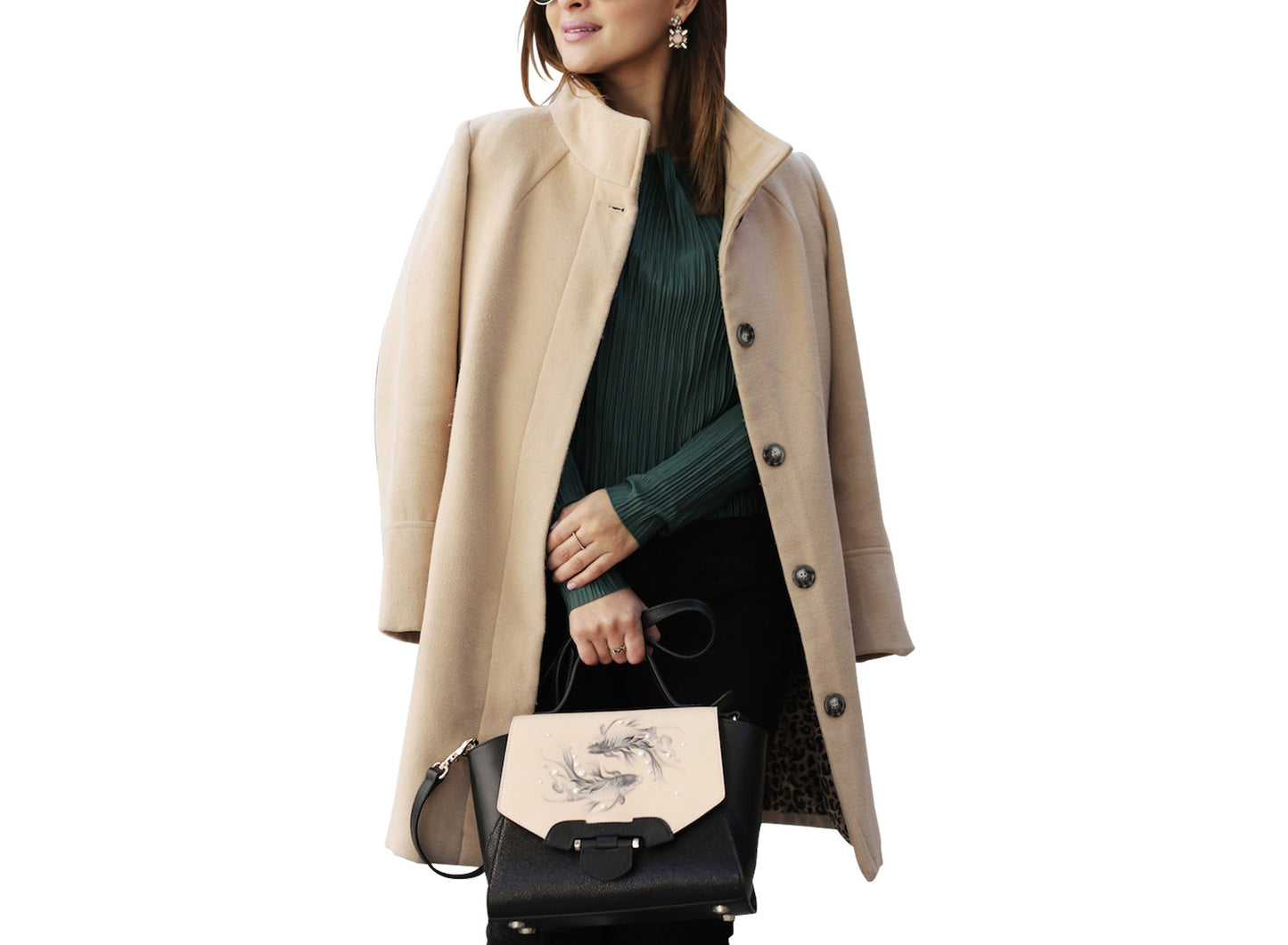 The Koi Small Black Satchel by Bellorita is a handbag with a black body, a tan flap adorned with fish designs, and decorative pearls.