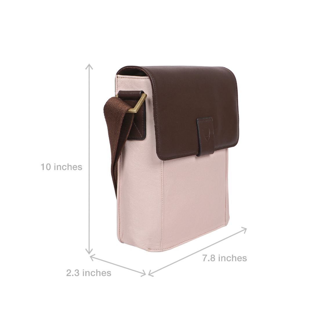 The Aiden Genuine Leather Mini Crossbody by Hidesign is a brown leather shoulder bag featuring a flap cover and an adjustable fabric strap with a brass buckle.