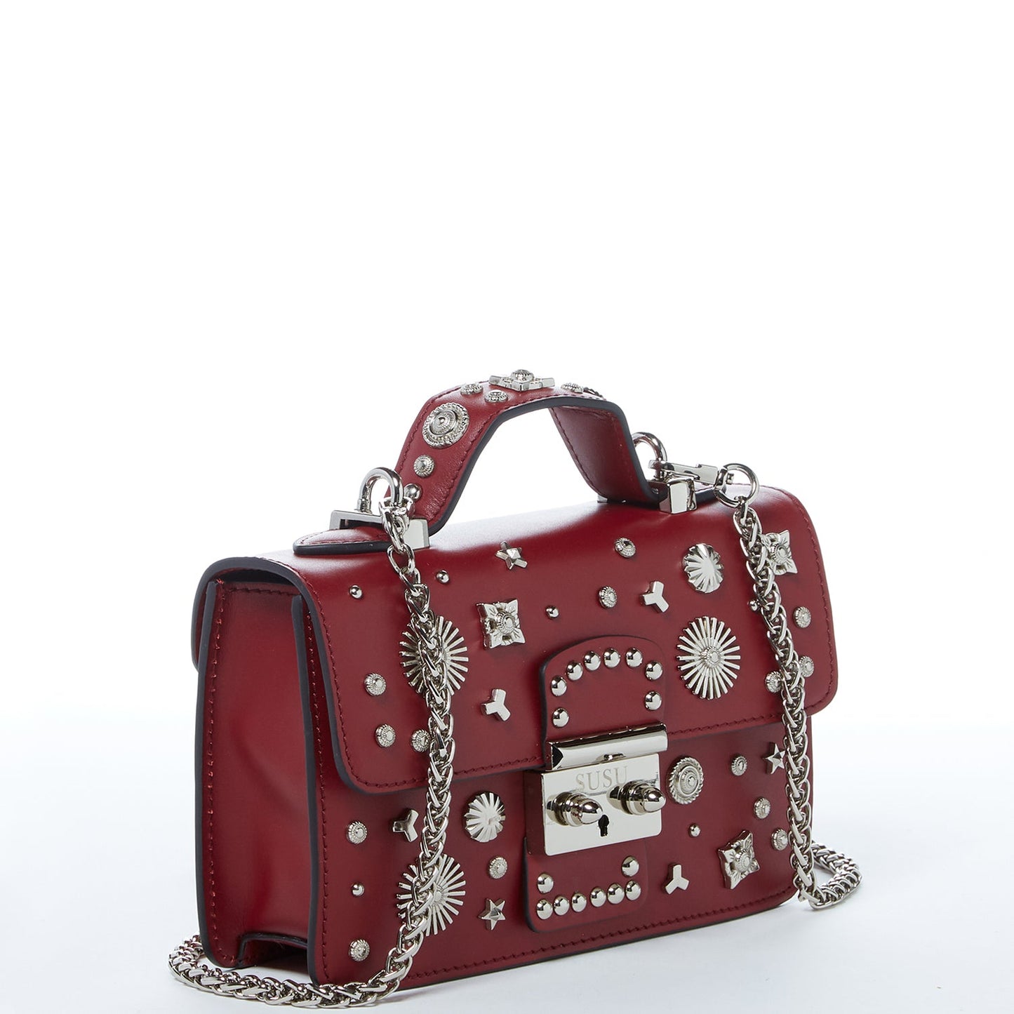 Burgundy leather handbag with silver studs, a short handle, and chain shoulder strap, featuring a SUSU engraved metal clasp.