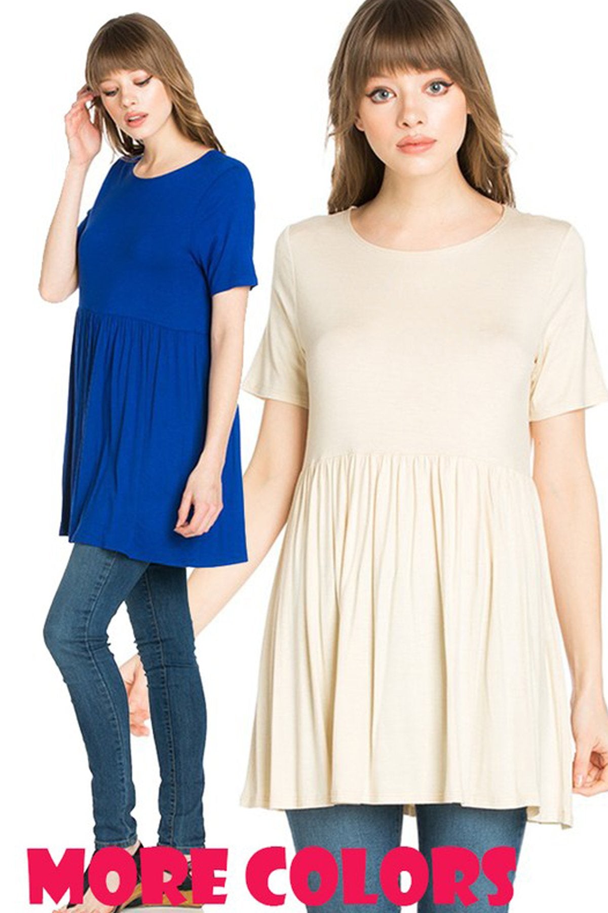A woman stands outdoors wearing a beige Riah Fashion Short Sleeve Empire Waist Tunic paired with a long necklace.