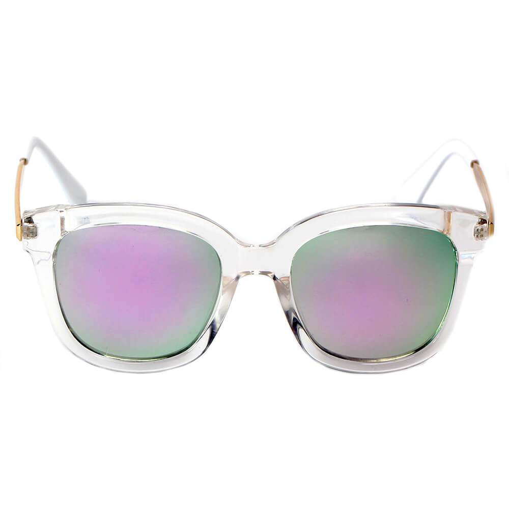 The DEKALB Womens Oversize sunglasses by Cramilo Eyewear feature floral rims, thin gold arms, and silver mirrored lenses.