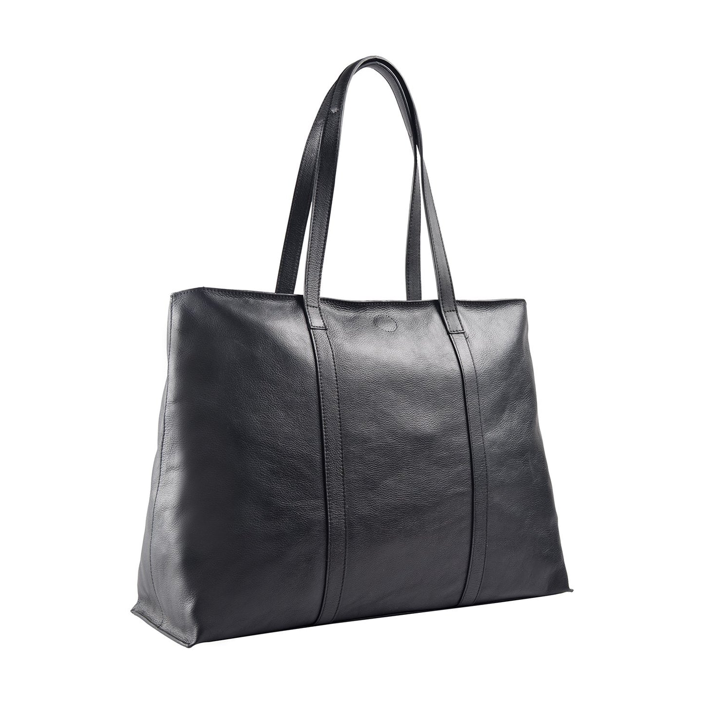 The Nancy Large Leather Tote by Hidesign is a sleek black leather bag with two handles.
