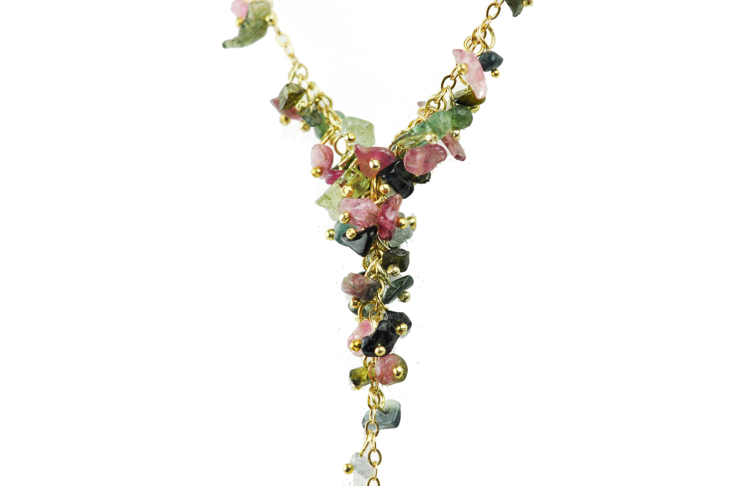 The Gena Myint Mixed Tourmaline Cluster Necklace is a gold chain with a Y-shaped pendant featuring clusters of multicolored gemstones.