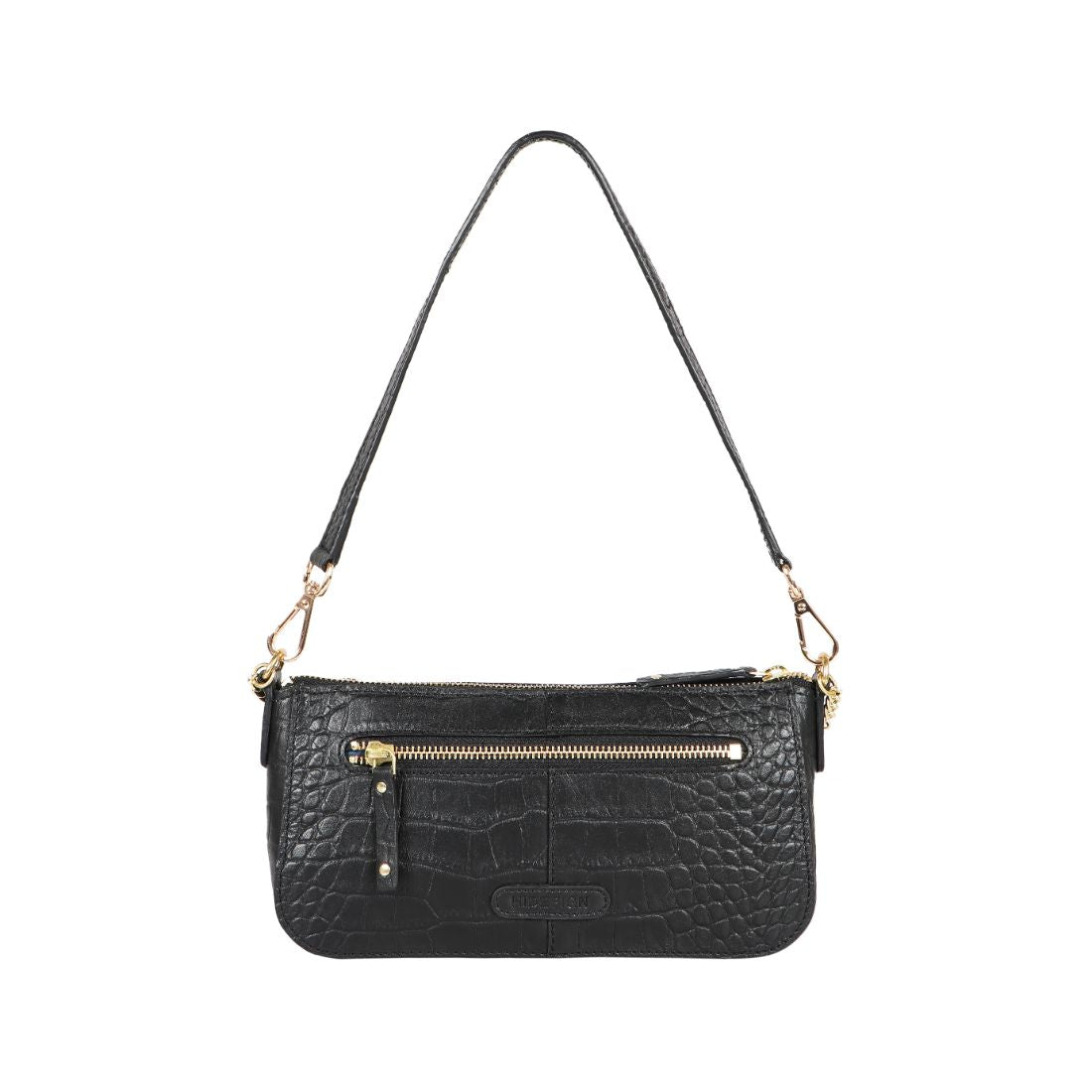Hidesign Valerie black crocodile-textured handbag featuring a gold chain accent and single shoulder strap against a white background.