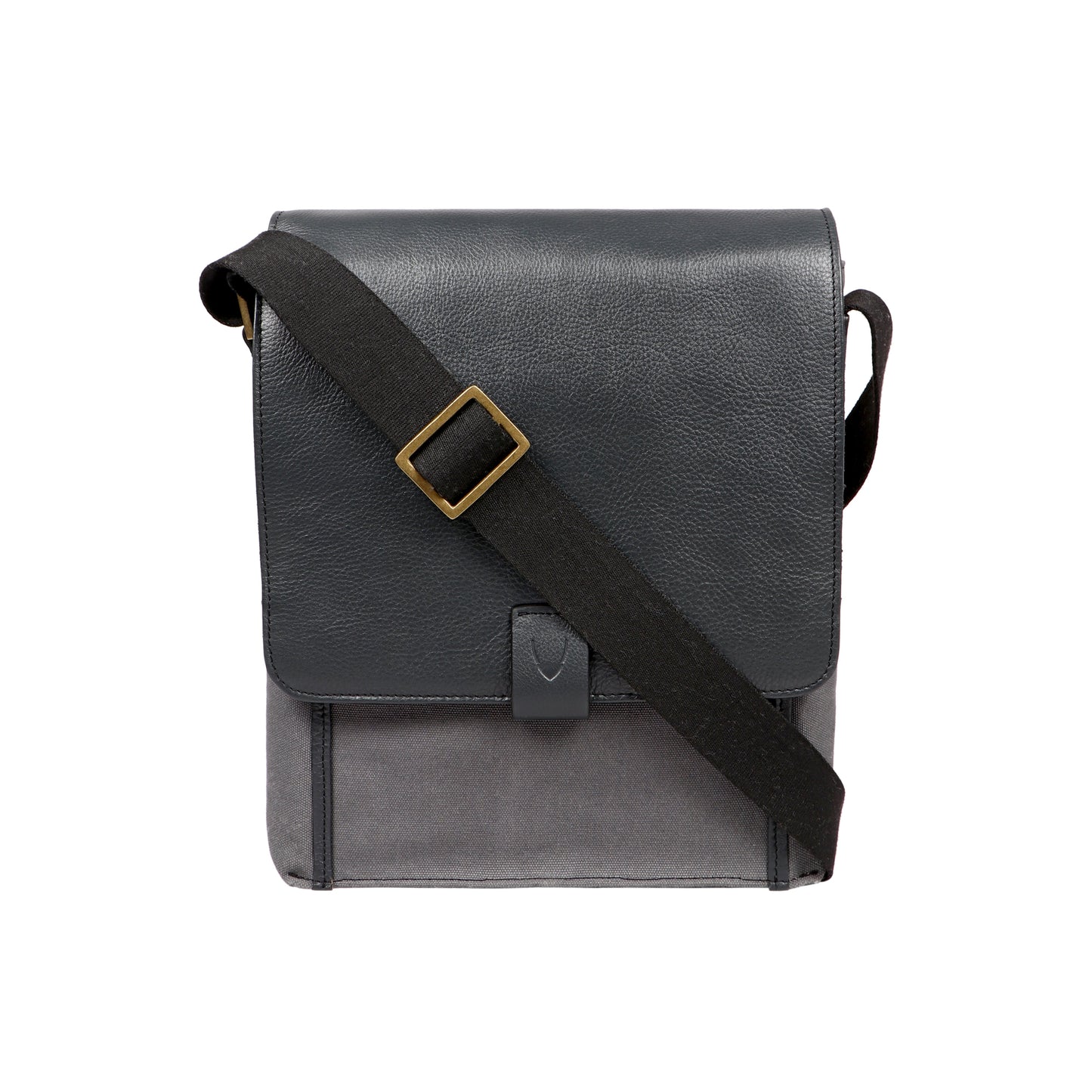 The Aiden Hidesign Blue Genuine Leather and Canvas Crossbody Bag features an adjustable strap and buckle, perfect for men or women as a shoulder, messenger, or travel bag that fits a 10.5 iPad.