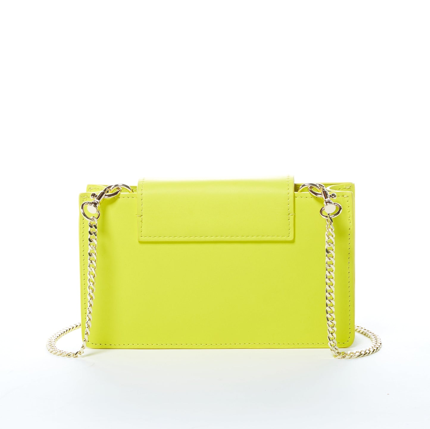 SUSUs Mary Bright Yellow Crossbody Leather Wristlet features a triangular gold clasp, flap closure, and detachable chain strap on a white background.