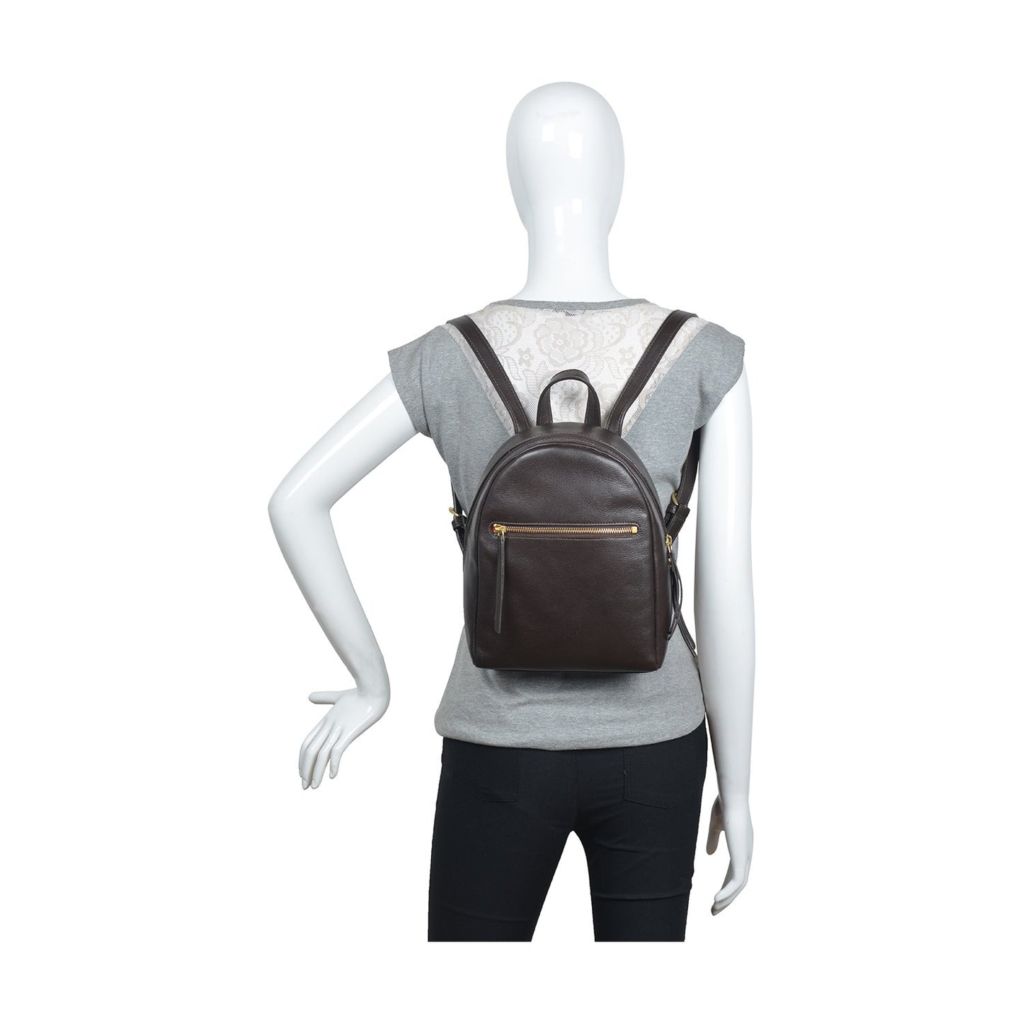 The Hidesign Kiwi Small Leather Backpack is a dark brown leather accessory featuring a front zipper pocket, gold zipper detailing, and adjustable shoulder straps.