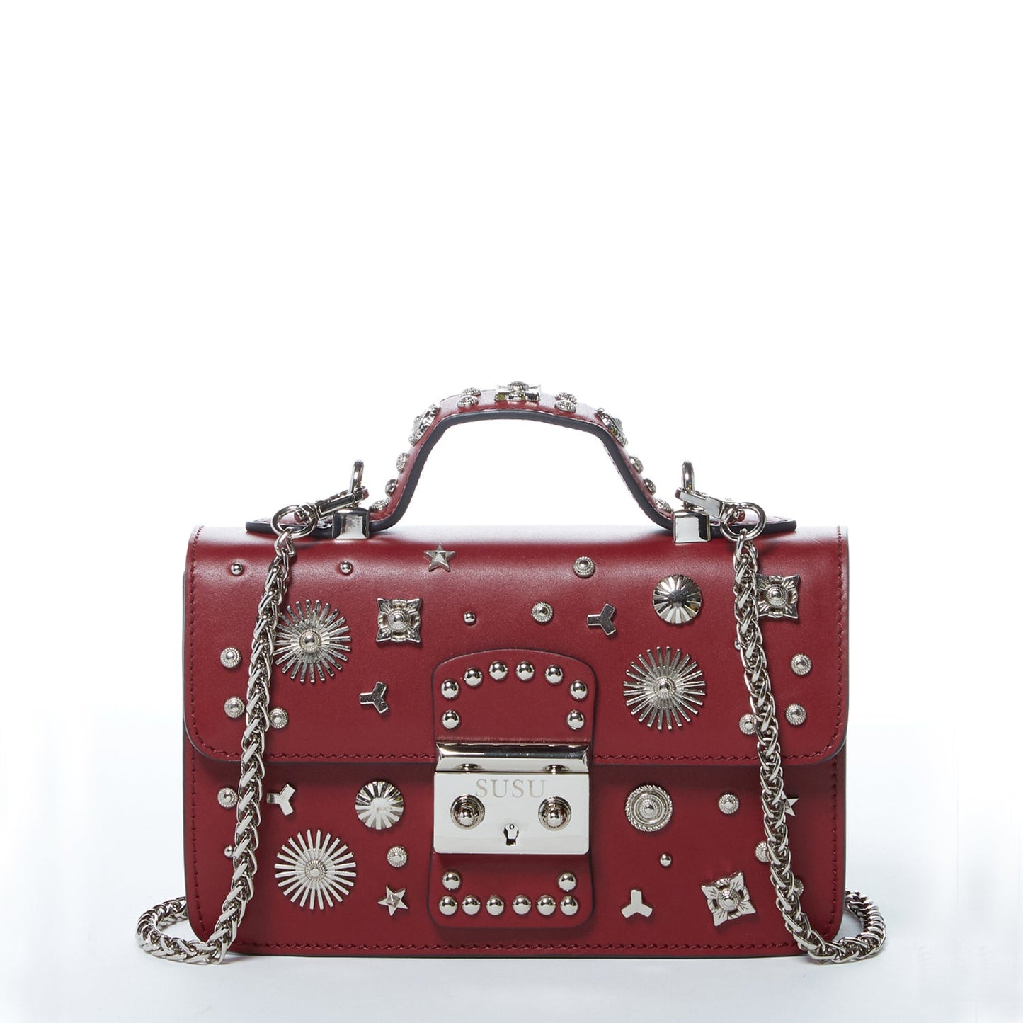 Burgundy leather handbag with silver studs, a short handle, and chain shoulder strap, featuring a SUSU engraved metal clasp.