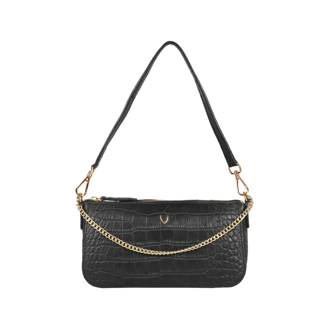 Hidesign Valerie black crocodile-textured handbag featuring a gold chain accent and single shoulder strap against a white background.