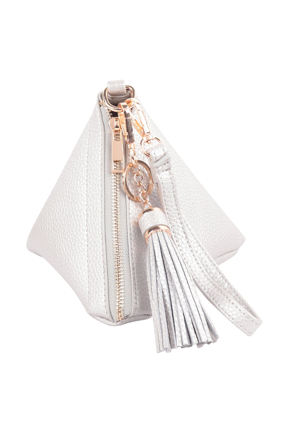 A person in a white shirt and jeans is holding the Riah Fashion Pyramid Shape Tassel Wristlet Leather Bag in orange.